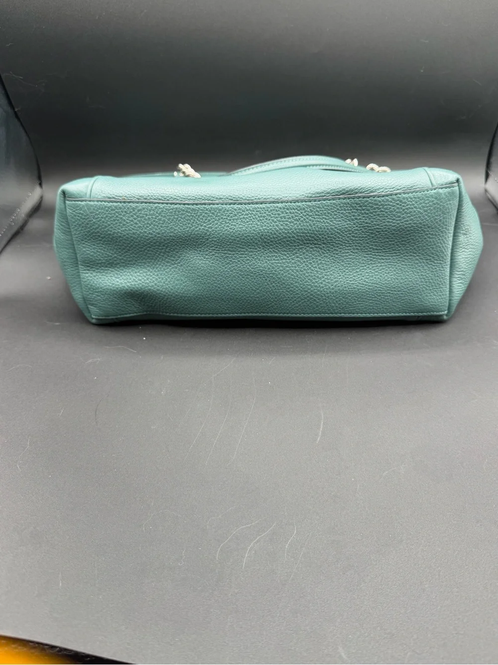 Coach Teal Pebbled Leather Tote Bag — Silver Chain Strap Shoulder Bag - Picture 5 of 8